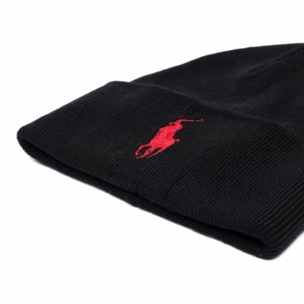 POLO Ralph Lauren Big Pony Black Beanie Hat Cap Red Pony Logo (EUC) - Picture 3 of 5